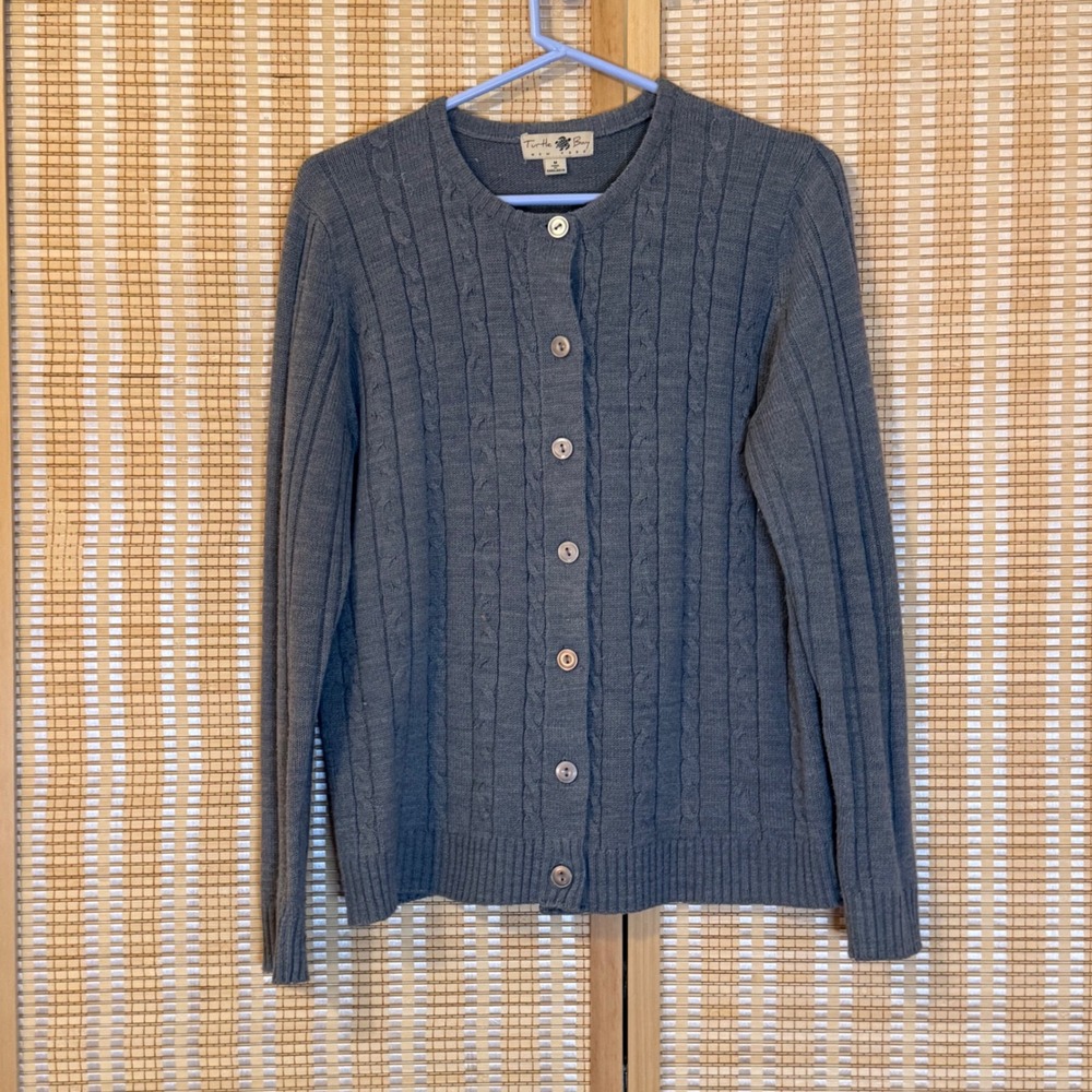 Turtle Bay New York Womens Blue Gray Cable Knit Button Cardigan Sweater M Preppy